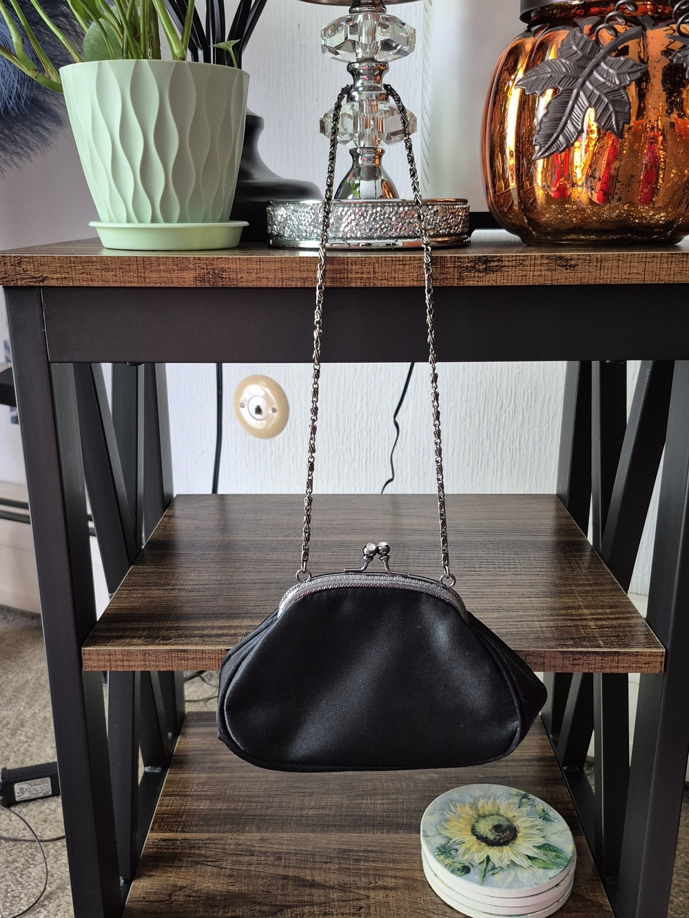 Classic Black Satin Evening Bag with Chain Strap